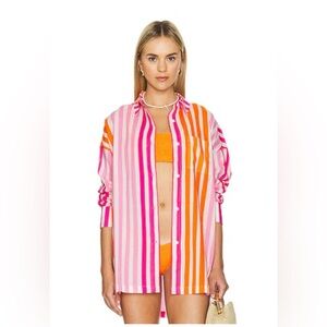 BEACH RIOT Alexa Striped Pink and Orange Button-Up Coverup Top Size S/M Revolve